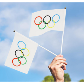 Custom 2024 Paris Games polyester flag plastic handle five-ring flag Hand-waved flag