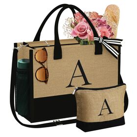 Bolsa de playa de yute inicial al por mayor con correa ajustable, regalos de graduación para mujeres