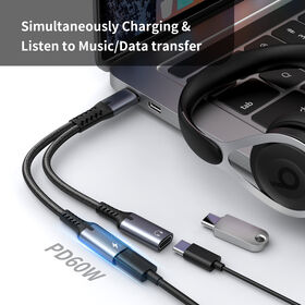 ODM/OEM-Fabrik, Sunlike Typ C-Audio+PD-Adapter, PD 60W, unterstützt Inline-Steuerung und Mikrofon, USB 2.0-Datentransfer, Aluminium