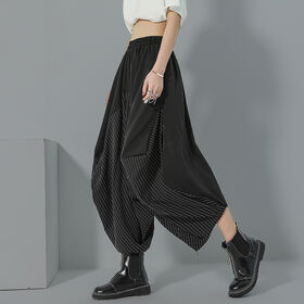 Striped splicing plus size wide leg crotch slacks irregular personality women's pants culottes