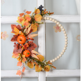 Autumn Door Flower Ring Simulation Pumpkin Maple Leaf Thanksgiving Pearl Ring Harvest Festival Wall Hanging Home Door Wall Hanging