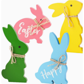 4 Pcs Easter Bunny Decorations Wooden Rabbit Signs with Ribbons Spring Decor for Home Office Table Mantel Shelf Tiered Tray
