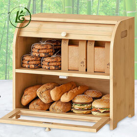 Contenedor de panadería ODM/OEM, caja de almacenamiento de alimentos, panera de bambú de calidad alimentaria con asas para pan.