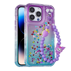 Coque de téléphone urbaine à dégradé bicolore + paillettes dégoulinantes + bracelet, hybride 3-en-1 en TPU et PC.
