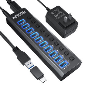 Hub USB 3.0 à 10 ports avec dissipateur thermique en aluminium, interrupteurs marche/arrêt individuels et indicateurs LED, prend en charge la charge BC 1.2