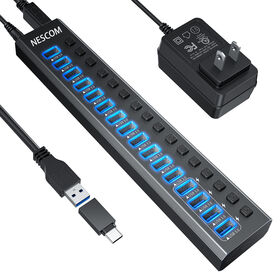 NESCOM USB HUB ,16 port powered USB 3.0 hub with LED indicator USB hub 3.0 with on/off switch,Aluminum shell material