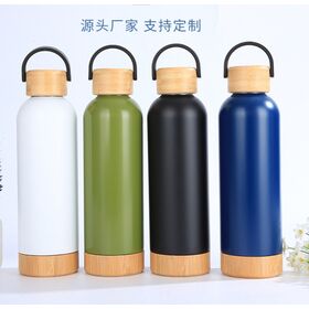 Bouteille d'eau isotherme unique personnalisée de 500 ml à double paroi en acier inoxydable avec couvercles et fond en bambou