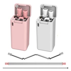 Folding Drinking Straw Stainless Steel Collapsible Reusable Stainless Straw Drinking Straws Portable with Hard Case, White & Pink