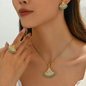 SISSLIA 3 PCS Fan-shaped Pearl Pendant Necklace Ring Stud Earrings Set White Green Bead Jewelry Simple Lovely Birthday Gift