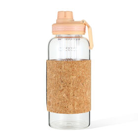 Bouteille d'eau en verre Everich écologique avec manchon en liège, grande capacité 1L, logo personnalisé, avec couvercles et infuseur à fruits