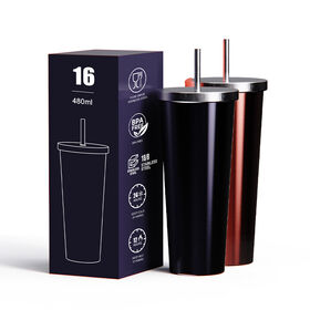 Copo Térmico de Viagem de Aço Inoxidável com Revestimento em Pó, 473ml, Isolamento a Vácuo, Copo de Café com Tampas e Canudos