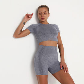Spot yoga suit short sleeve seamless knitting high waist hip lifting tight gym shorts sets for women