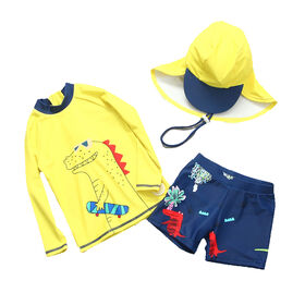 Children beach wear dinosaur print quick dry kids bagthing suits swim top shorts swim cap 3-piece set sunscreen split boy swimwear