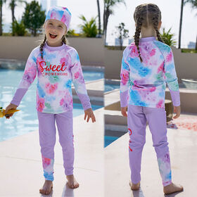 Individuell gestalteter Kinder-Badeanzug mit Batikmuster, 3-teiliges Set, UPF 50+ Sonnenschutz, ideal für Strand, Tauchen und Surfen.