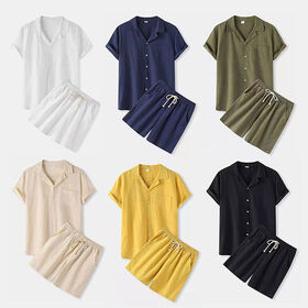 Ensemble d'été personnalisé pour homme, 2 pièces, chemise à manches courtes et short de couleur unie, costume décontracté en coton et lin pour homme.