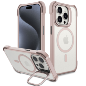 Casing pelindung ponsel merah muda modis dengan penyangga kamera magnetik TPU anti jatuh untuk iPhone 15 Pro