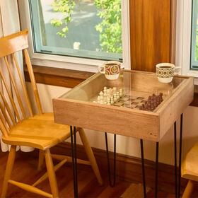 Mesa Multifuncional con Ajedrez Rústico y Damas, Mesa de Centro y Mesa Auxiliar con Tapa de Cristal Removible, Juego de Ajedrez Completo