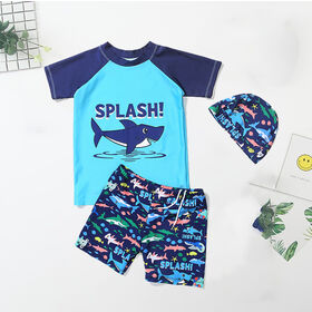 Custom split children swimwear set cartoon printed swim tops swim trunk and swim cap 3 pcs bathing suit kids boy girl swimsuit