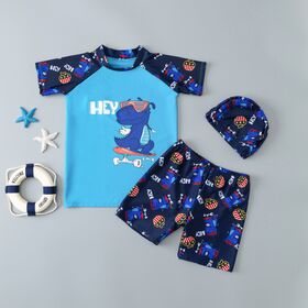 Factory split children swimwear set cartoon printed swim tops swim trunk and swim cap 3 pcs bathing suit kids boy girl swimsuit