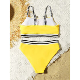 Grosir baju renang anak-anak, pakaian pantai, set bikini 2 potong halterneck kuning untuk anak perempuan remaja 130-160 cm