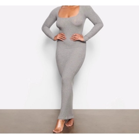 Wholesale Skims Kardashian women's solid color knitted wrap hip square collar long sleeve dress women's long skirt