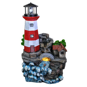 Factory OEM polyresin lighthouse water fountain with pump LED for home office decor nautical gift