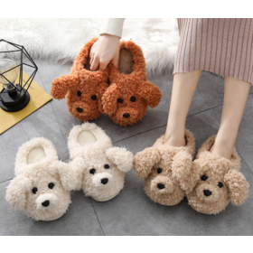 Wholesale winter indoor non-slip cotton slippers female cartoon bear teddy dog bag with slippers soft home fluffy slippers