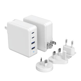 Cargador de pared GaN PD de 140W, cargador de tres puertos con adaptadores intercambiables (EE. UU., Reino Unido, UE, AU), PD3.0 + QC3, color blanco