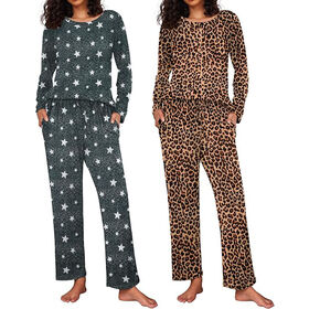 Conjunto de Pijama Estampado para Mujer PK2, Manga Larga y Pantalón, Tejido Suave para la Piel, Ropa de Dormir y Descanso, Fabricación OEM e Impresión Personalizada