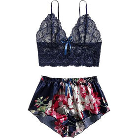 Set Lingerie Musim Panas Renda Lembut, Bra dengan Cetakan Poliester Satin, Pakaian Dalam Cantik PK2 Atasan dengan Celana Dalam