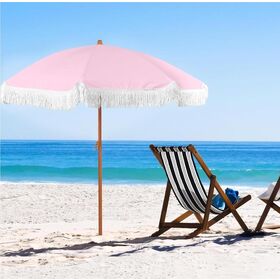 6FT Quasten-Sonnenschirm Bohemian Beach Sonnenschirm mit Vintage-Holzdruck, Terrassenschirm für den Außenbereich