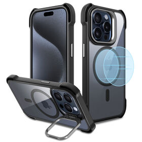 Casing pelindung ponsel hitam untuk iPhone 15 Pro model 2025, dengan TPU anti jatuh dan penyangga kamera magnetik. Supplier terpercaya.