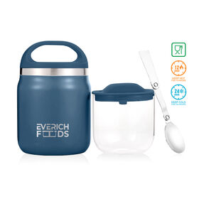 Everich Pot alimentaire isotherme à double paroi en acier inoxydable 600ML avec couvercle en PP avec poignée, avec revêtement amovible en Tritan/verre