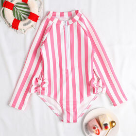 OEM ODM Traje de Baño Infantil con Cremallera, Rayas, Lazo Adorable y Tela Burbuja para Niñas, Ropa de Playa de Manga Larga de Una Pieza