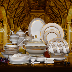 Ensemble de Vaisselle de Luxe KAROSA avec Dorure en Relief en Porcelaine Fine d'Os à Prix d'Usine pour Mariages et Banquets