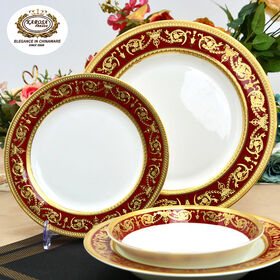 Service de table de luxe royal en porcelaine fine avec bordure dorée, design classique rouge élégant, 24 pièces - Assiettes, plats et bols pour dîner