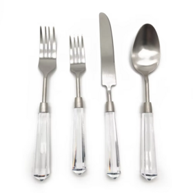 Conjunto de Talheres de Aço Inoxidável 304 com Cabo Transparente, 4 Peças, Colher, Garfo, Faca, Utensílios de Mesa para Jantar, Cutelaria com Design Clássico para Casamentos e Festas