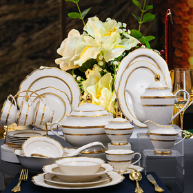 Exclusive Embossed Gold Rim Bone China Dinner Set for Banquets Weddings and Events