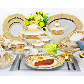 Service de Table Premium en Porcelaine Fine 98 Pièces avec Élégant Motif Doré en Relief - Qualité Hôtellerie Restauration