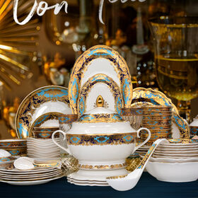 Service de Vaisselle en Porcelaine Fine Premium avec Dorure en Relief et Logo Personnalisable pour Maison & Banquets