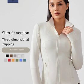 Jaket Yoga Olahraga Gym Fitness Wanita Lengan Panjang Elastis Tinggi Stretch 4 Arah Nilon Resleting Fashion Berkualitas Tinggi