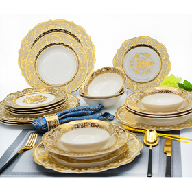 Karosa 24pcs Embossed Gold Porcelain Tableware Set Luxury Style Bone China Dinner Sets