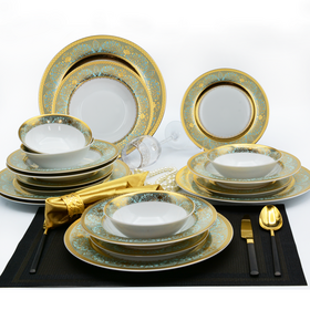 Karosa 24pcs Embossed Gold Green Color Include Dinner Plate Soup Plate and Bow Bone China Dinner Set