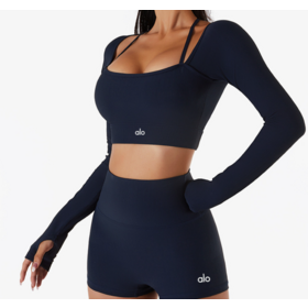 Grosir Kaos Lengan Panjang Wanita Alo Yoga dengan Bantalan Dada, Atasan Olahraga Cepat Kering, Setelan Fitness Alo dengan Celana Pendek