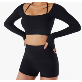 Wholesale Yoga wear long sleeve T-shirt Women with breast pad threaded sports quick drying top Fitness suit with shorts