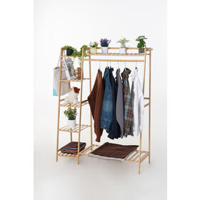 Bamboo Clothes Rail Garment Rack Open Wardrobe Closet Freestanding Clothes Hat Hanger Stand with Storage Shelves and Pants Hanger