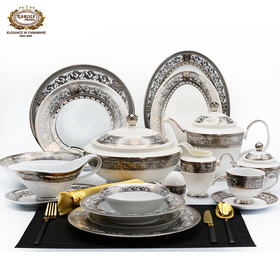 Wholesales Custom Hotel Weeding Luxury 98 Pieces Silver Design European Style Fine Bone China Ceramic Dinnerware Sets