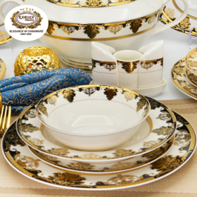 KAROSA Service de Table de Luxe 24 Pièces en Porcelaine Fine avec Relief Doré : Assiettes Plates, Assiettes à Soupe, Ensemble de Vaisselle, Bols
