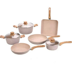 2025 Wholesale factory directly supply high quality Aluminum marble non stick forged cookware set with Wooden soft touch Handle