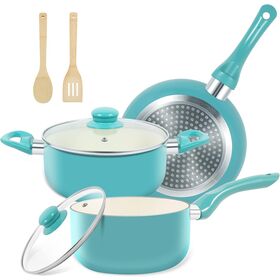2025 Healthy ceramic non stick Coating inside and heat resistant coating outside pressed Cookware Set with soft touch handle